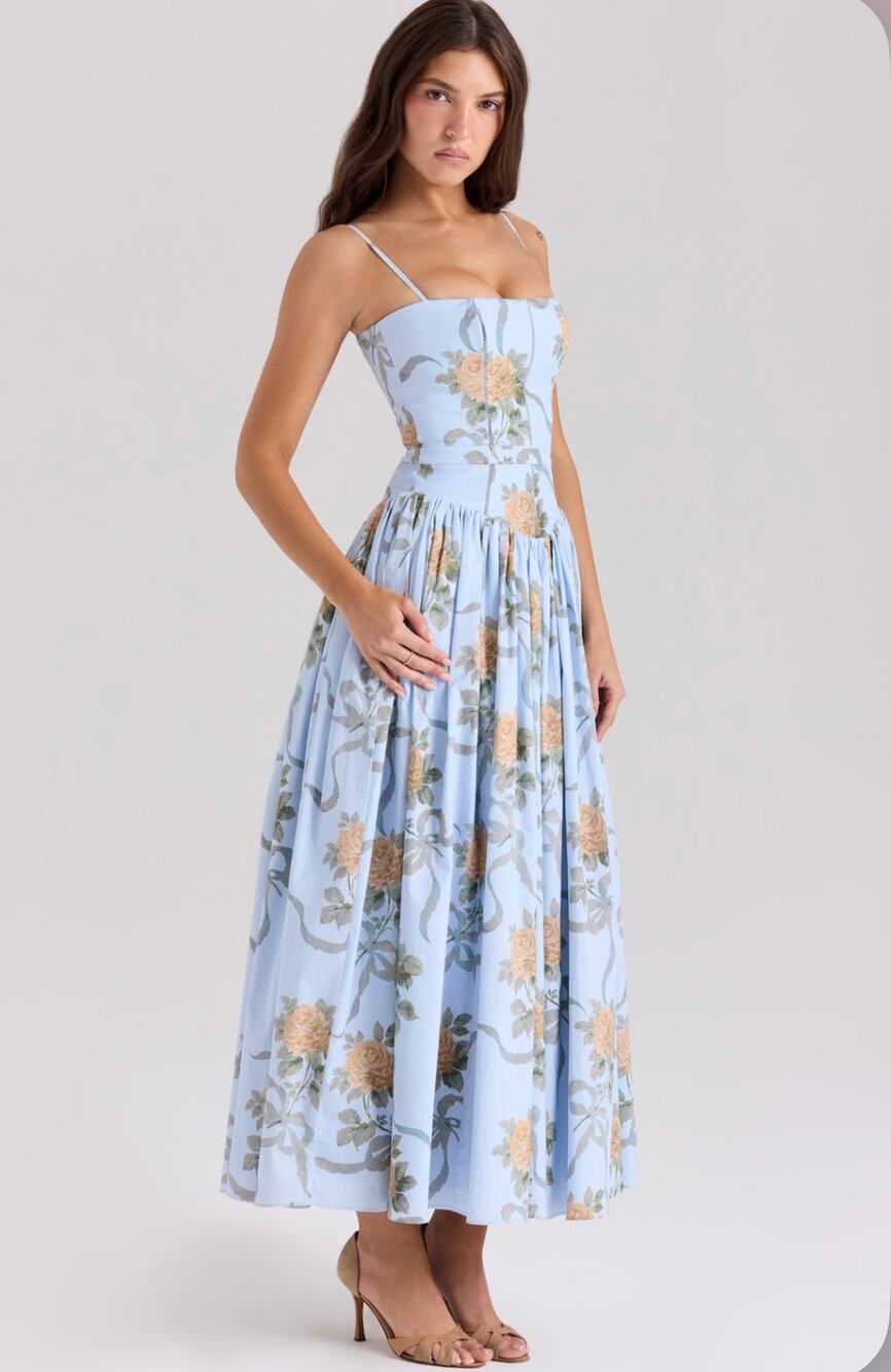 House of CB Ysabella Blue Vintage Rose Print Cotton Dress